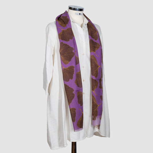 SCIARPA 100% LANA GINKO PURPLE AND GOLD