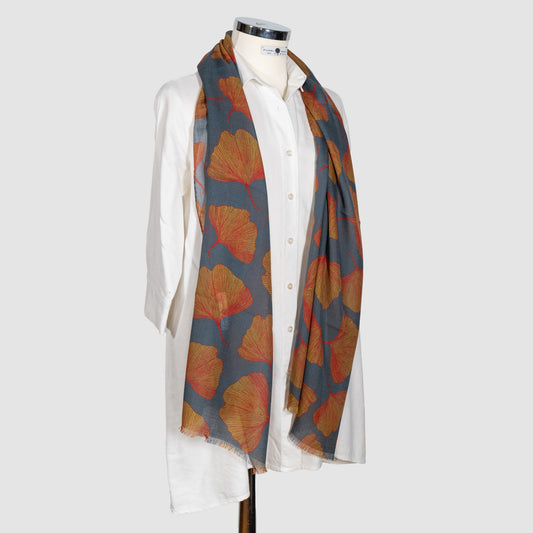 SCIARPA 100% LANA GINKO RED GOLD AND PETROL