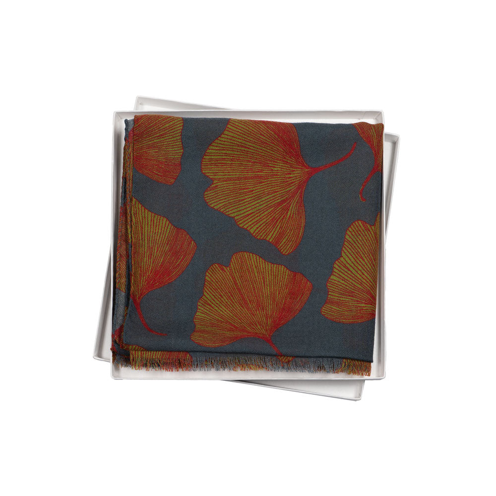 SCIARPA 100% LANA GINKO RED GOLD AND PETROL